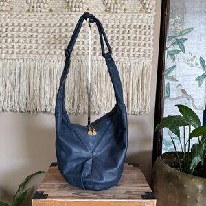 80s Vintage Brio! Navy Blue Genuine Leather Squishy Knotted Shoulder Hobo Bag